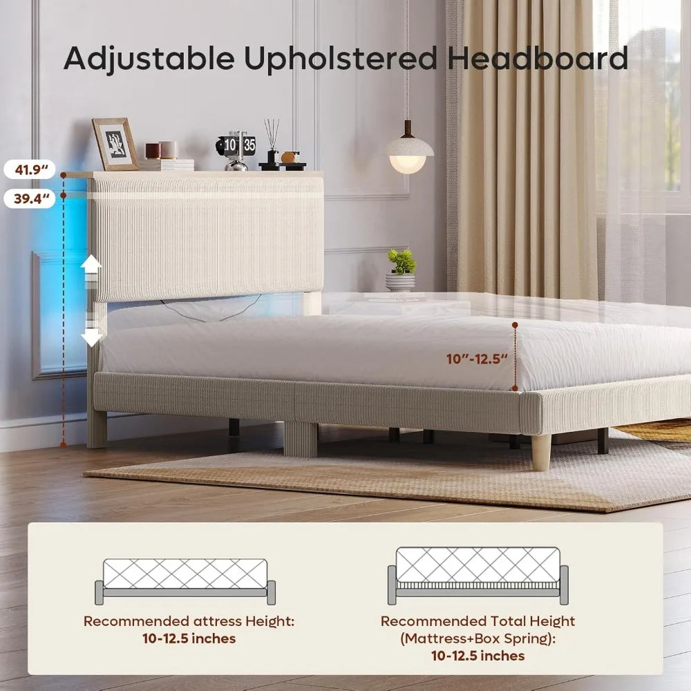 Full Bed Frame with Adjustable Headboard & LED Lighting, Corduroy Upholstered Platform Bed Frame with Storage Shelf