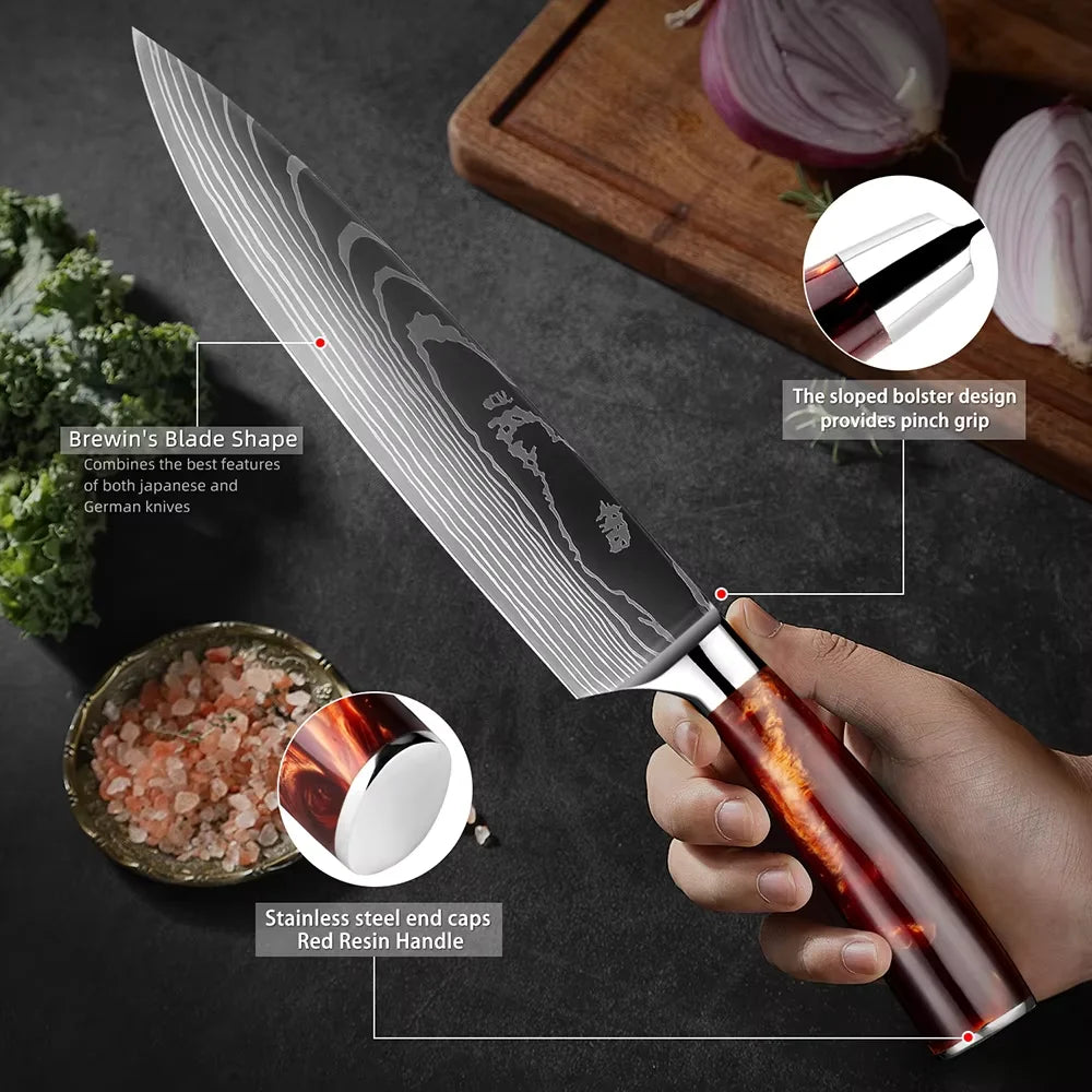 Kitchen Knife Set 15-Piece With Wooden Block, Laser Damascus Pattern Steel Professional Chef's Knife, With Scissor Sharpening Rod