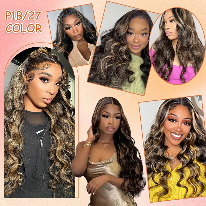 32Inch #1B/27 13x6 Balayage Highlight Ombre Body Wave Lace Front Wigs Human Hair 200 Density Honey Blonde Colored Lace Front Wig