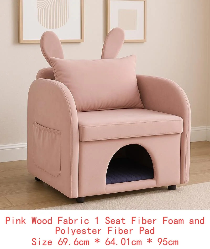 Pet-Friendly Velvet Pink Bunny-Ear Armchair with Cat & Dog Hideaway, Plush Dual-Use Chair with Side Pocket, 27.4 x 25.2 x 37.4
