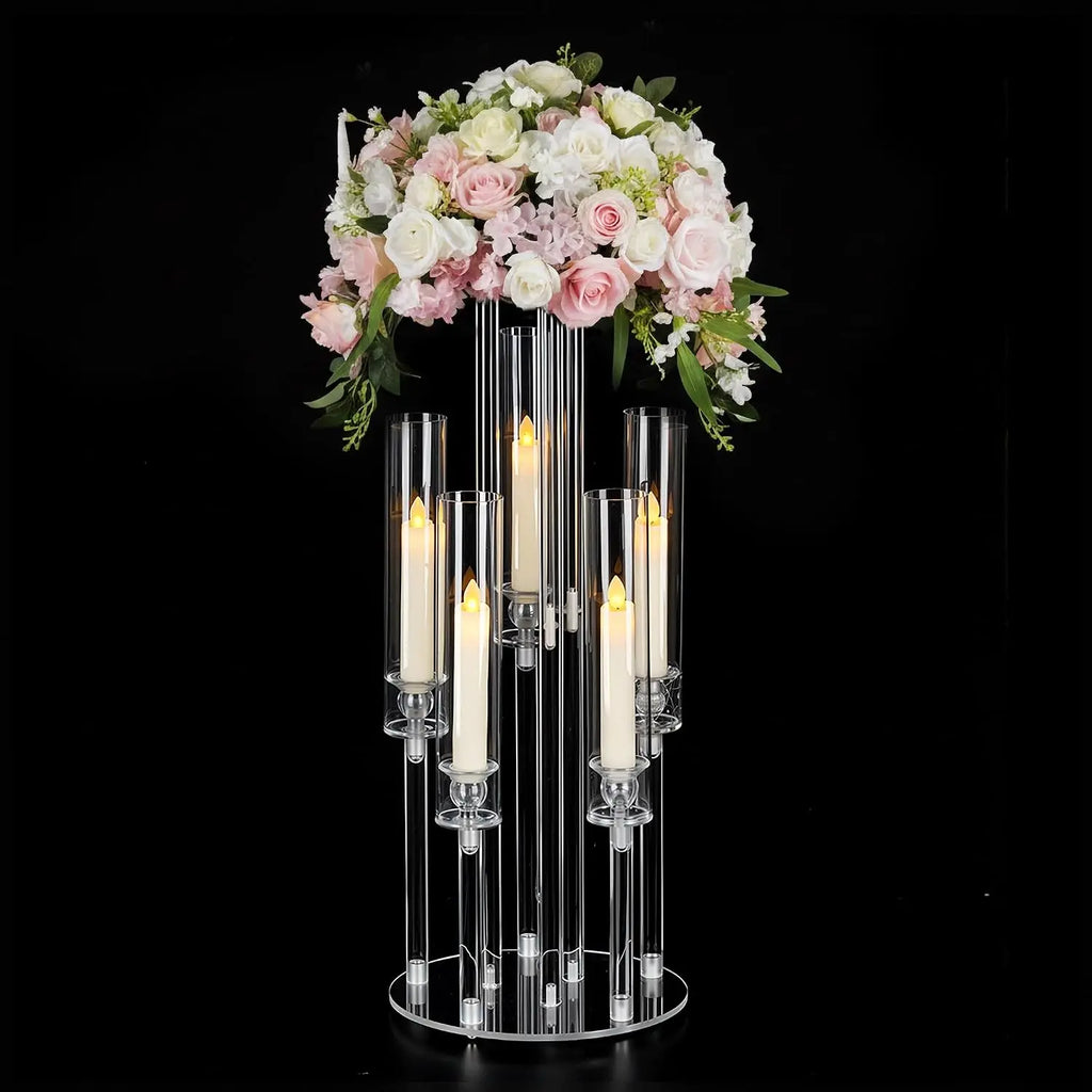 Clear 5-Arm Acrylic Candelabra with Flower Stand & Lampshade, 23.6" Tall Candle Holder for Wedding Table Centerpieces, Fits LED Candles for Party, Banquet, Birthday, Home Event Christmas Decor