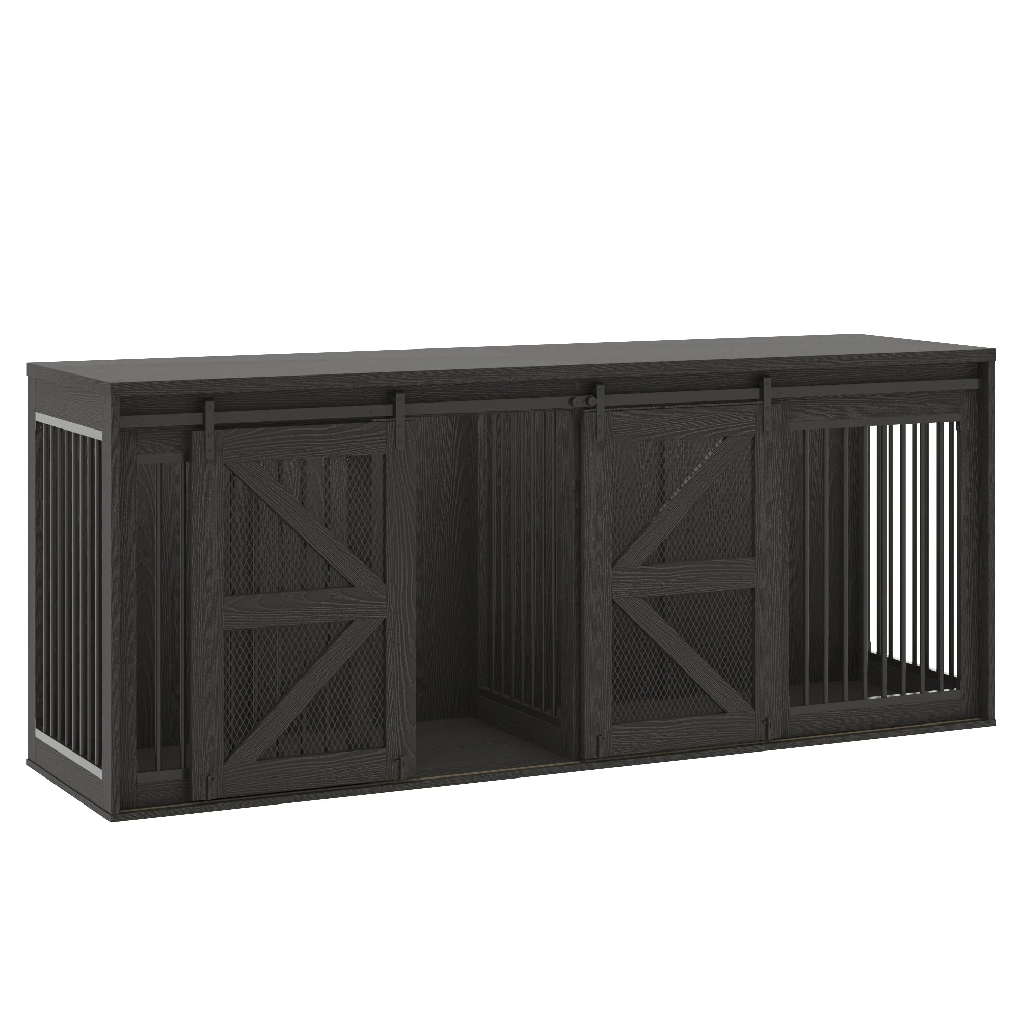 Farmhouse Dog Crate TV Stand, Wooden Dog Kennel Furniture with Sliding Metal Mesh Barn Door, 87'' Large Dog Crate Furniture