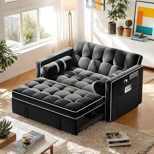 3 in 1 Convertible Sleeper Sofa Bed, Pull Out Couch for Living Room with USB Ports & Side Pockets, Adjustable Backrest ,Velvet
