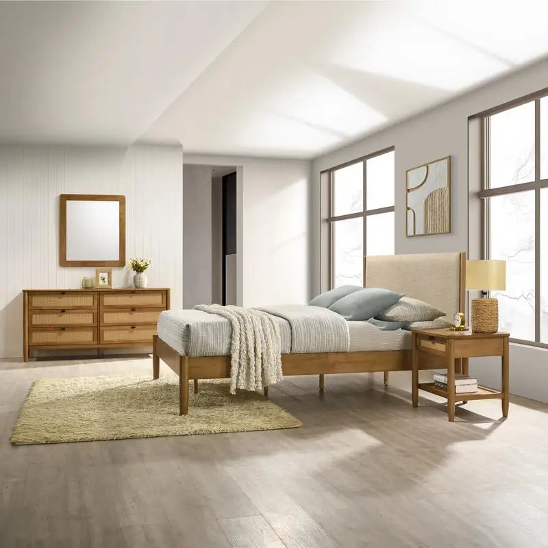 5-Piece Rubberwood Bedroom Set with Upholstered Queen Bed, Dresser, Mirror & 2 Nightstands
