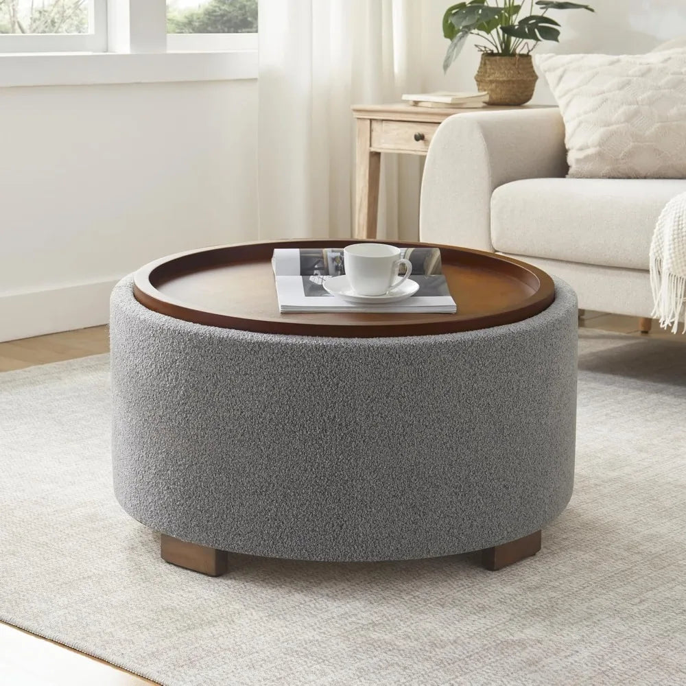 30 Inch Round Storage Ottoman Coffee Table, Modern Boucle Fabric with Lift-Off Lid and Solid Wood Legs for Living Room, Bedroom