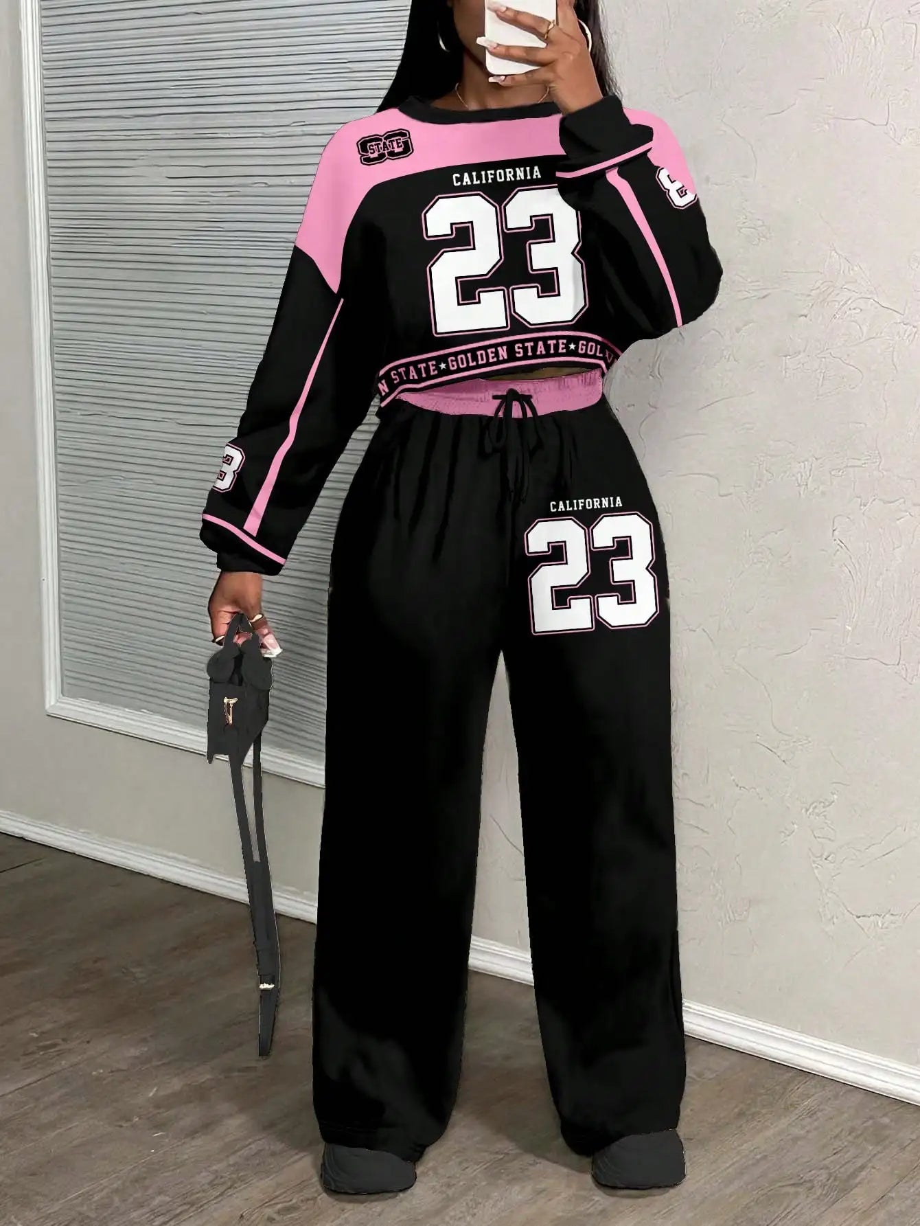 California 23 Two Piece Set Women's Streetwear Crop Top & Wide Leg Pants/Fall Winter