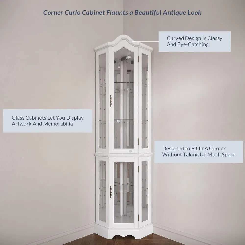 Lighted 3-Side Glass Display Curio Cabinet w/ Tempered Glass Doors and Shelves, Curved Wood Corner Cabinet