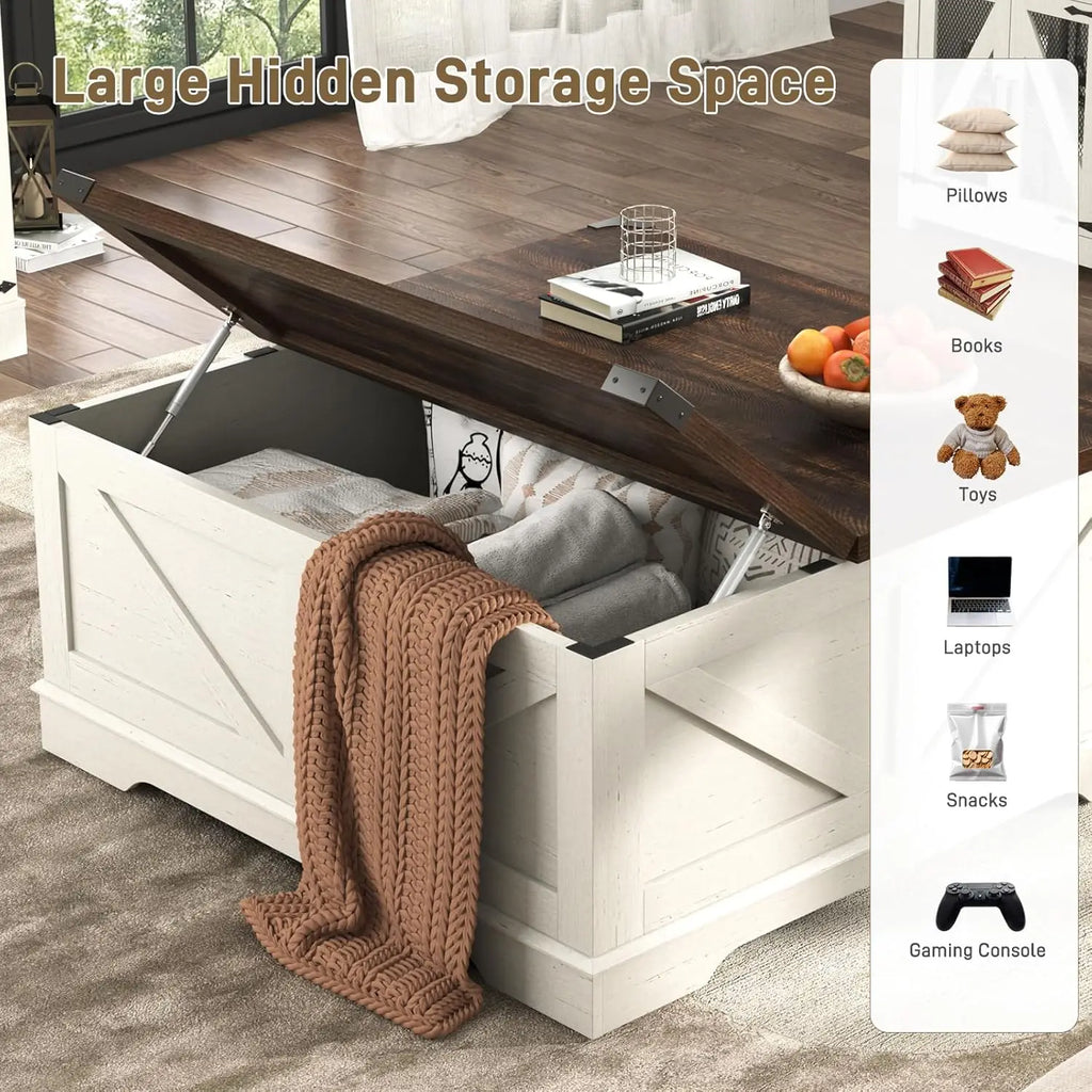 40” Large Farmhouse Lift Top Coffee Table with Power Outlets and Large Hidden Storage, Square Wood Living/Room Tables