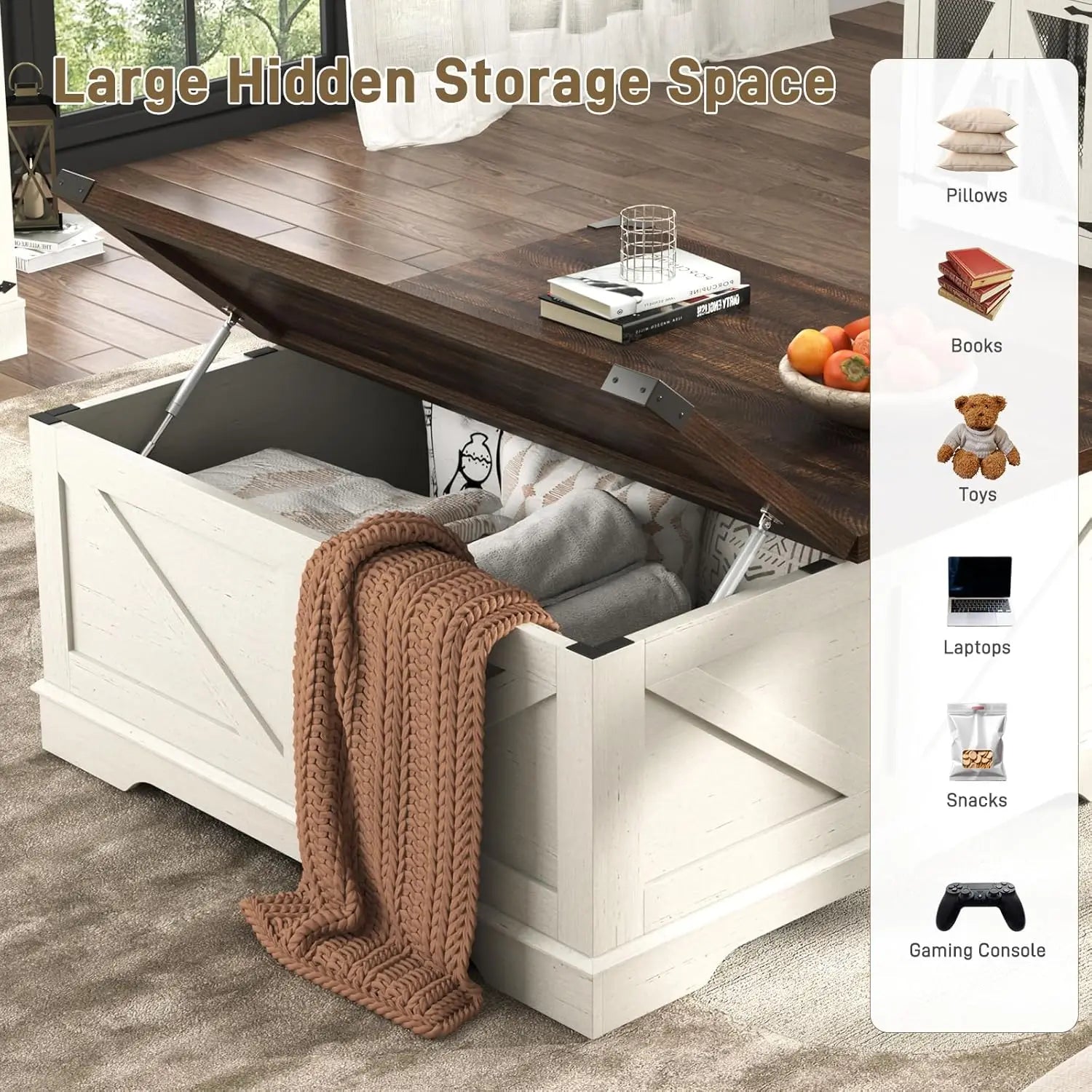40” Large Farmhouse Lift Top Coffee Table with Power Outlets and Large Hidden Storage, Square Wood Living/Room Tables