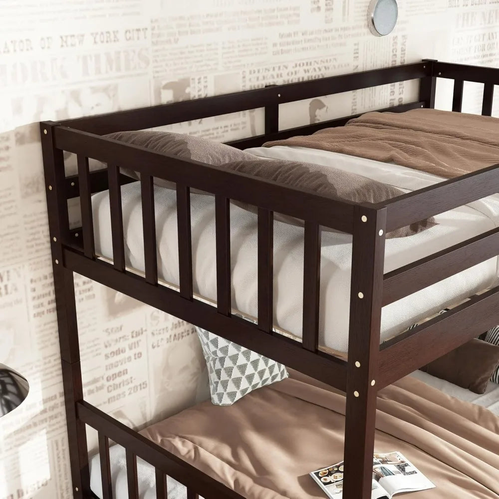 Solid Wood Twin Bunk Bed with Storage, Ladders, and Raised Guardrails for Kids, Convertible Option