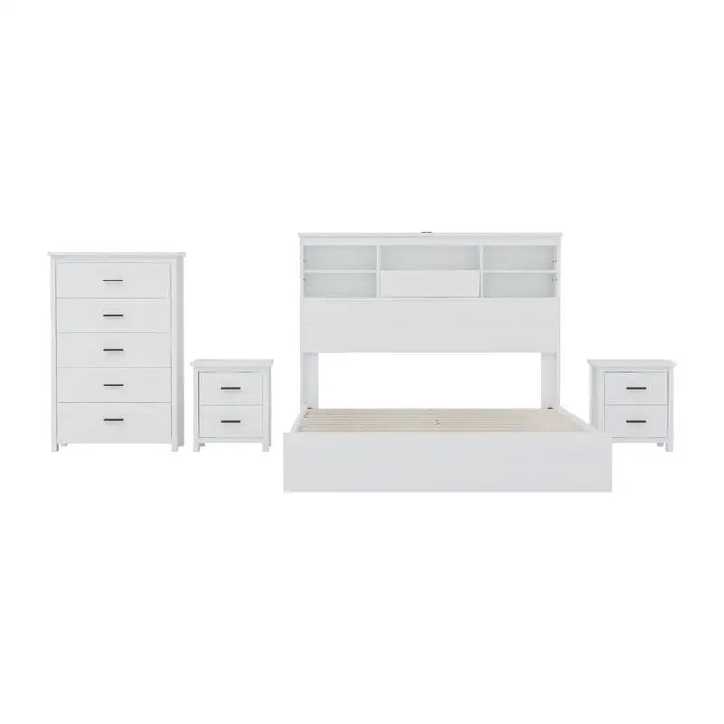 Vintage Queen Bedroom Set, 4 Pieces - Wooden Bed Frame, 2 Nightstands & 1 Dresser in White Finish