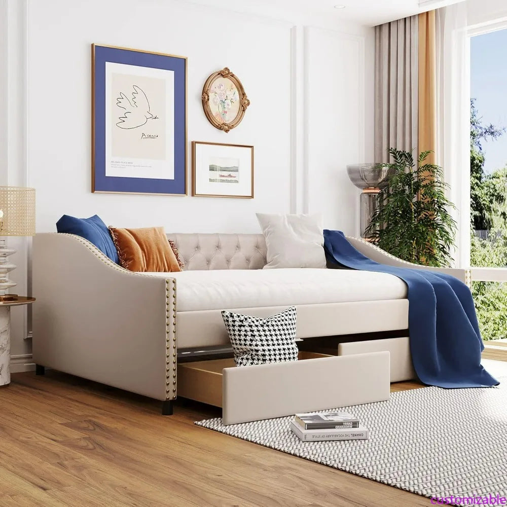 Full Size Linen Daybed with Diamond Tufted Backrest, Armrests, and Two Drawers for Guest and Bedroom Use