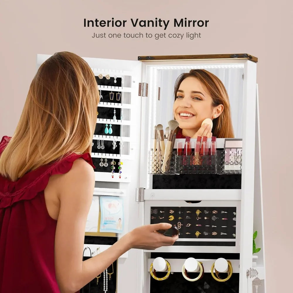 LED Mirror Jewelry Cabinet Standing, 360°Swivel Jewelry Armoire with Full Length Mirror, Mirror with Jewelry Storage and Large