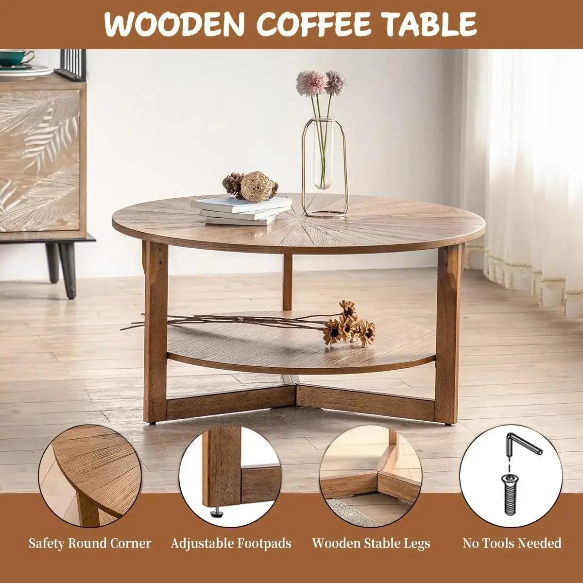 Wood Round Coffee Table for Living Room, 2 Tier Circle Coffee Table with Storage, Rustic Natural Coffee Table (35" Dx35 Wx18 H)