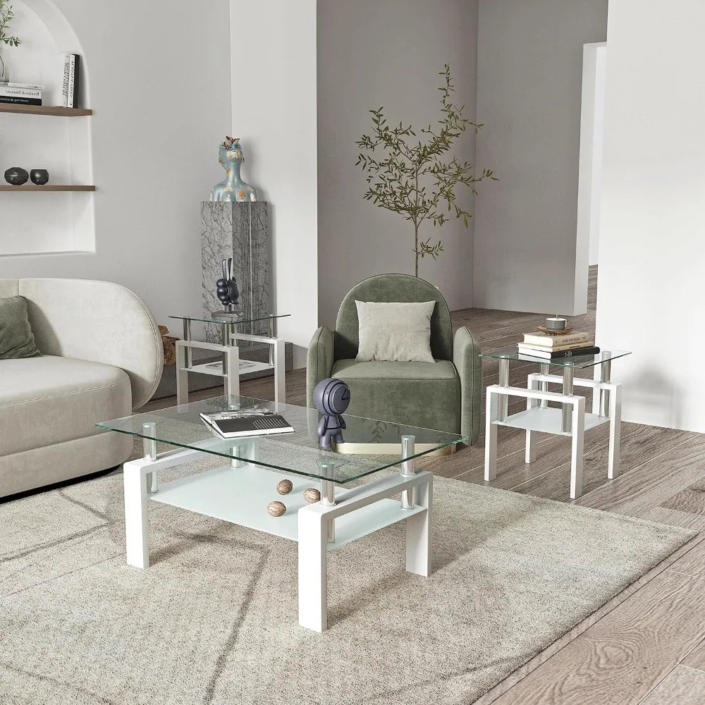 Living Room Tables Set,3 Piece Glass Coffee Table and End Tables Set for Living Room, Coffee Table Set with Tempered Glass Table