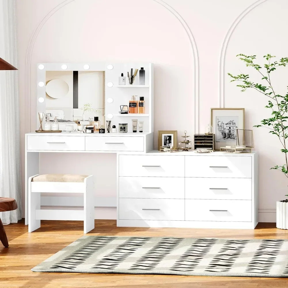 65-inch Vanity Desk with Luminated Mirror and 8-Drawer Storage Makeup Table