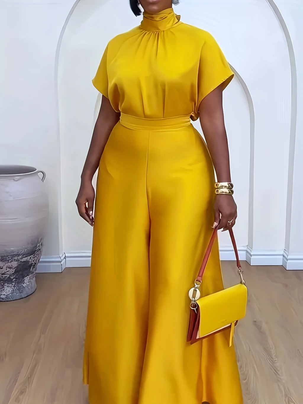 Yellow Turtleneck Short-Sleeved Knotted Top with Wide-Leg Pants/ Vacation/ Two-piece Trousers Suit