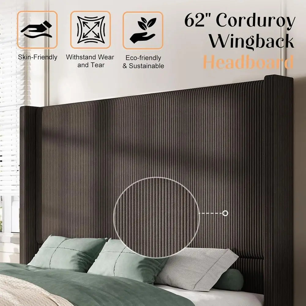 Chestnut 62 Corduroy Platform Bed Frame with Tall Wingback Headboard, No Box Spring Needed