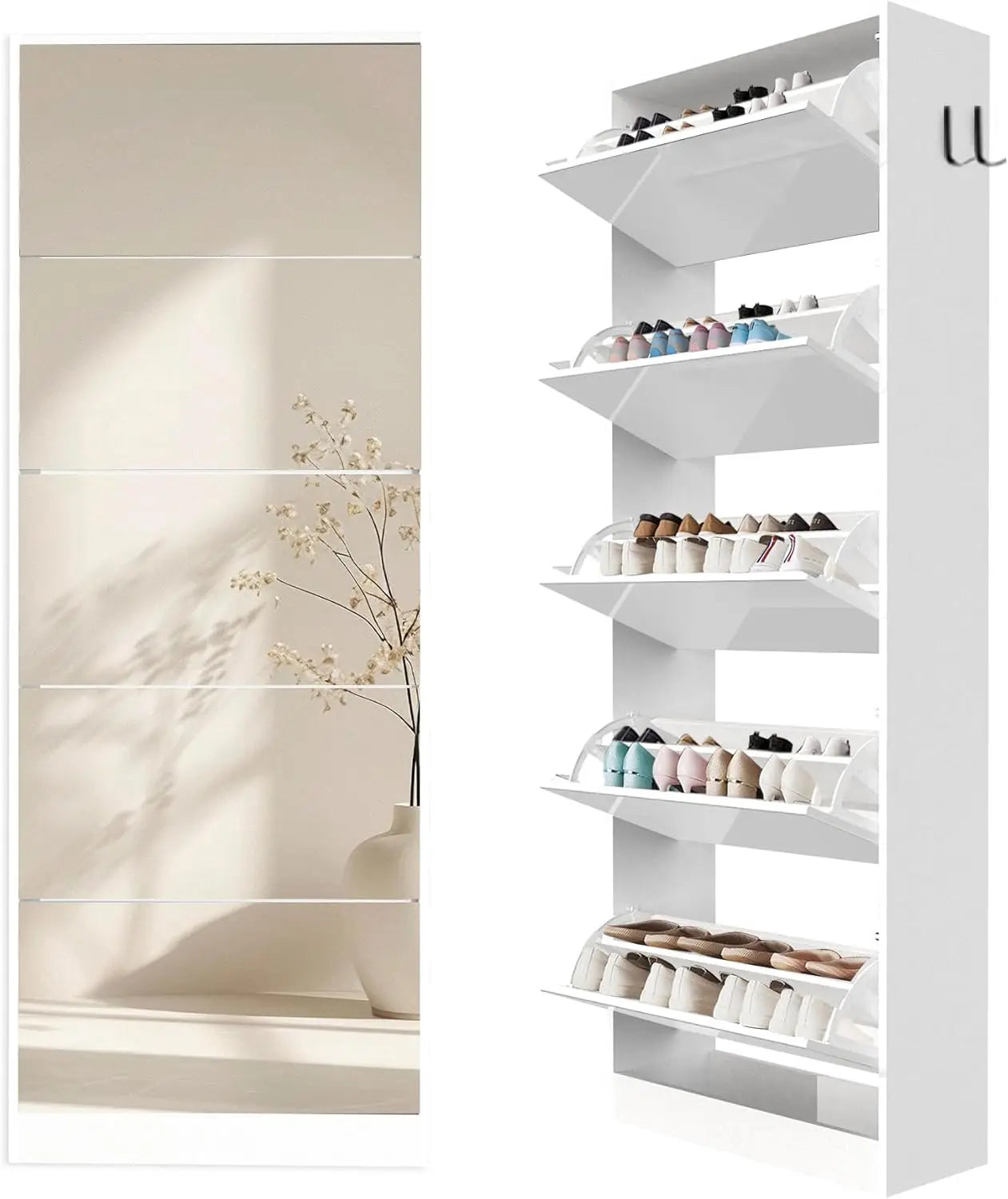 Mirror Shoe Cabinet with Explosion-Proof Glass - 5-Tier Space-Saving Entryway Storage Organizer,Slim Shoe Rack with Flip Drawers
