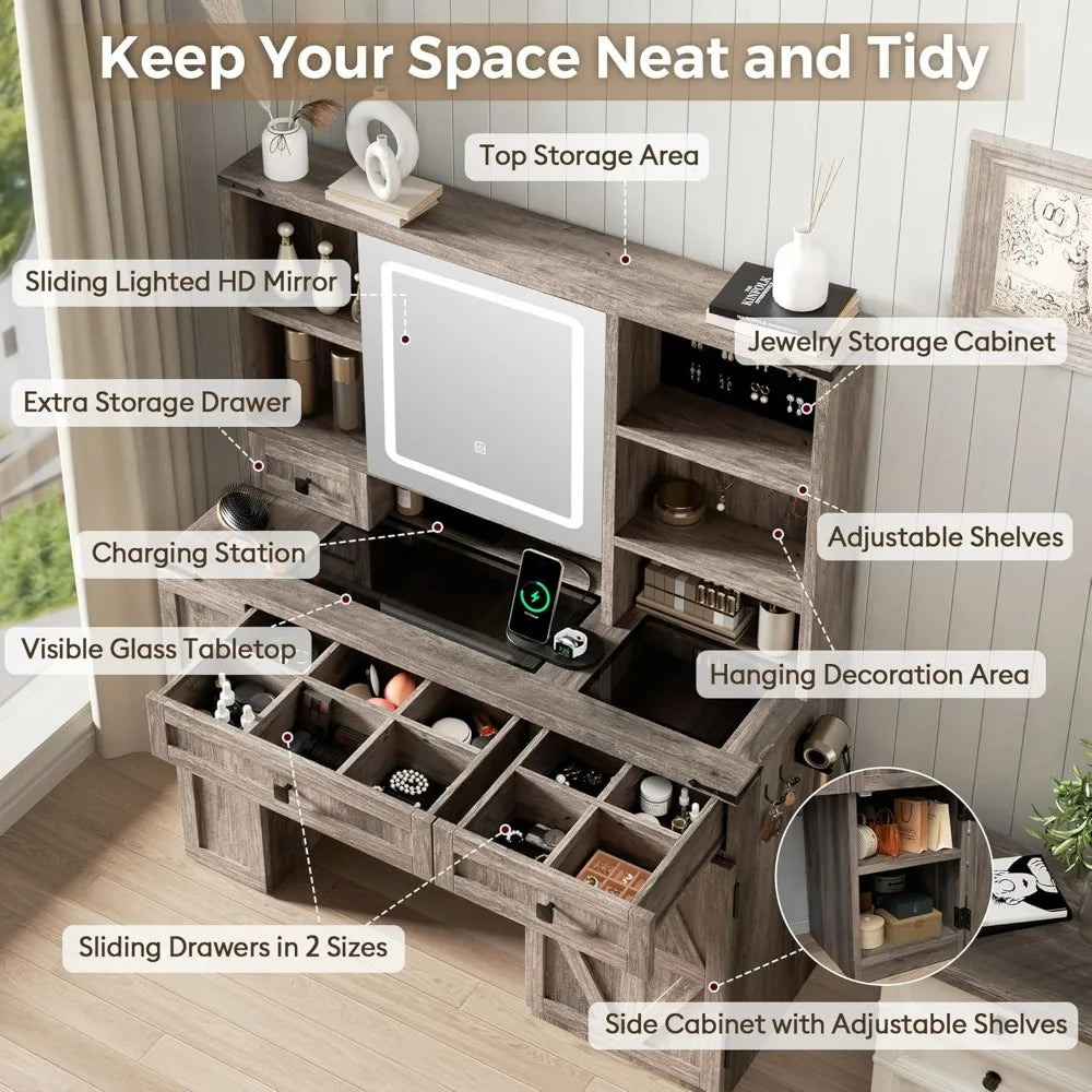 Makeup Vanity Desk With Sliding Mirror, Luminated Glass Top And 3-Tier Hidden Storage