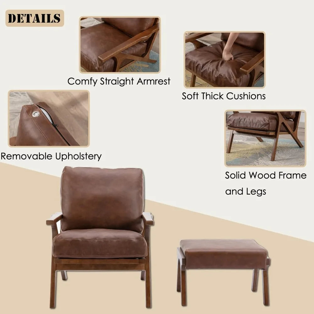 Mid-Century Modern Accent Chair with Ottoman, Faux Leather Armchair with Wood Legs