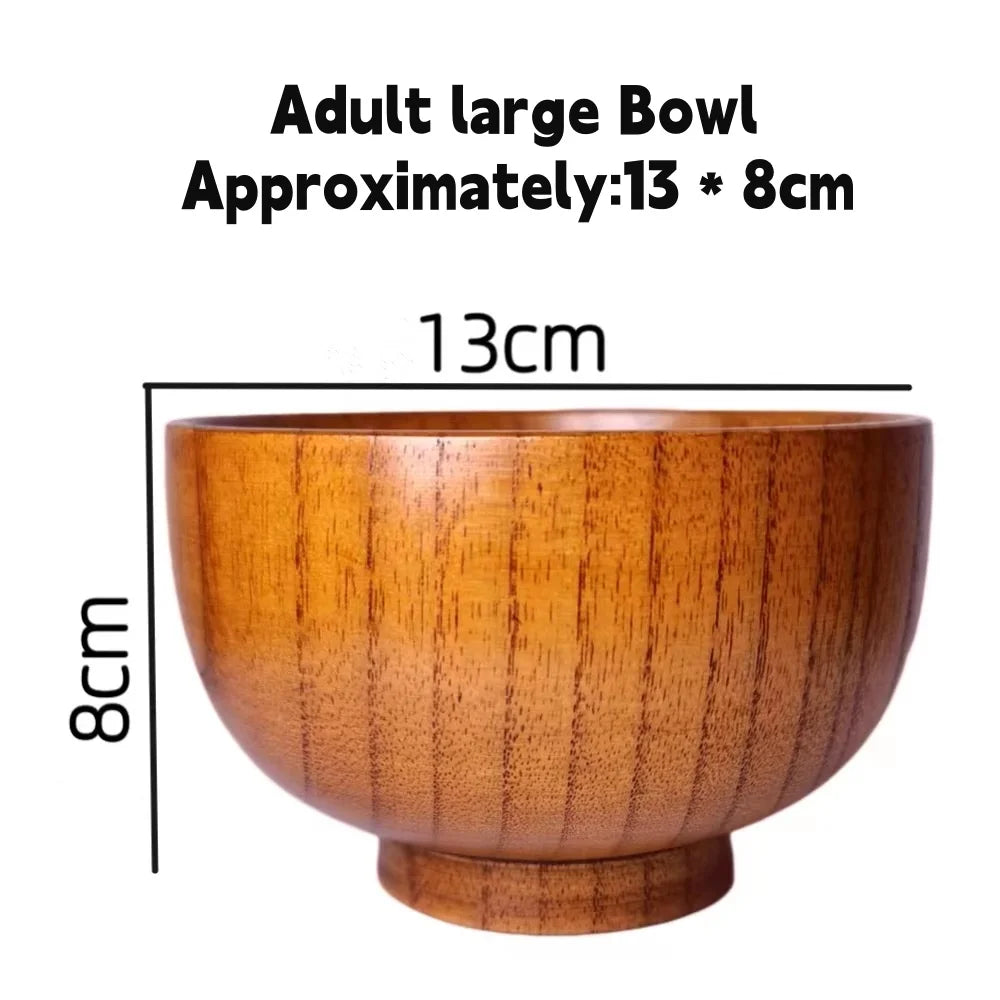 Kitchen Natural Wooden Soup Bowls,Round Fruit Salad Rice Bowls,With Spoon Set Food Containers Bowls,Large Tableware Noodle Bowls