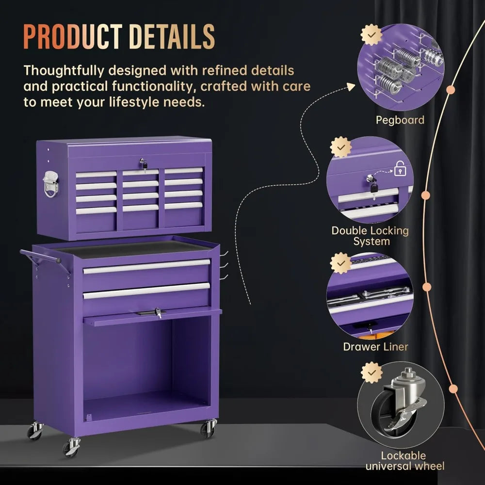 8 Drawer Tool Chest with Wheels, 2-in-1 Detachable Rolling Tool Chest with Drawers, Large Tool Cart on Lockable Wheels