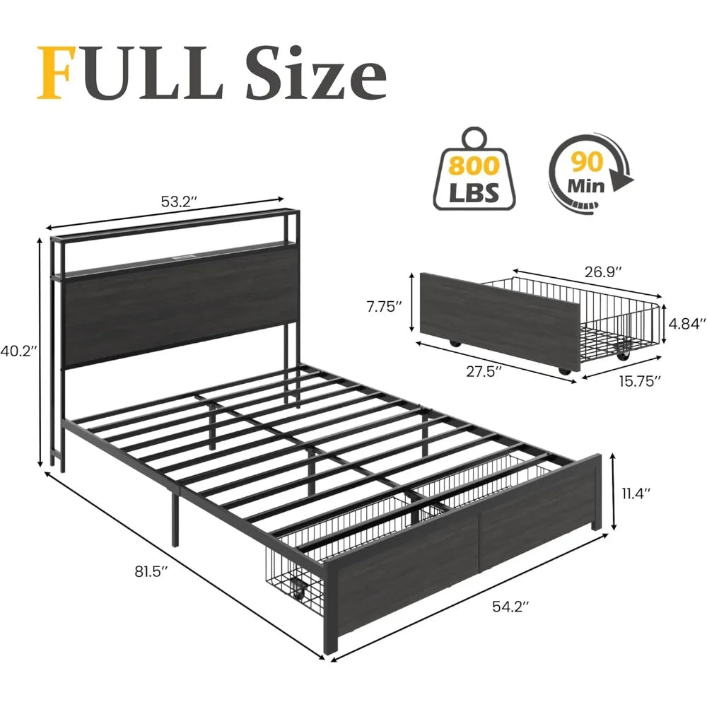 Full Bed Frame with 2-Tier Storage Headboard, Metal Bed Frame with Storage Drawers & Built-in Charging Station & LED