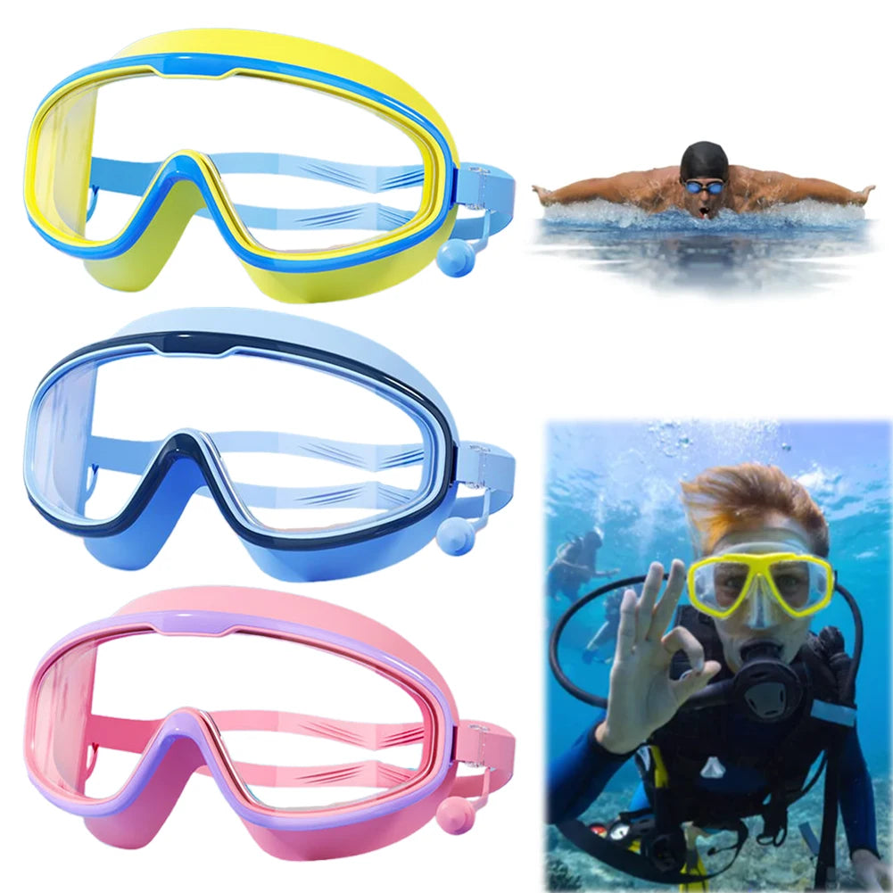 Kids Swim Goggles HD Swim Glasses with Earplugs/ UV Protection Swimming Goggles/ Large Frame Swim Sports Eyewear for Boys/ Girls