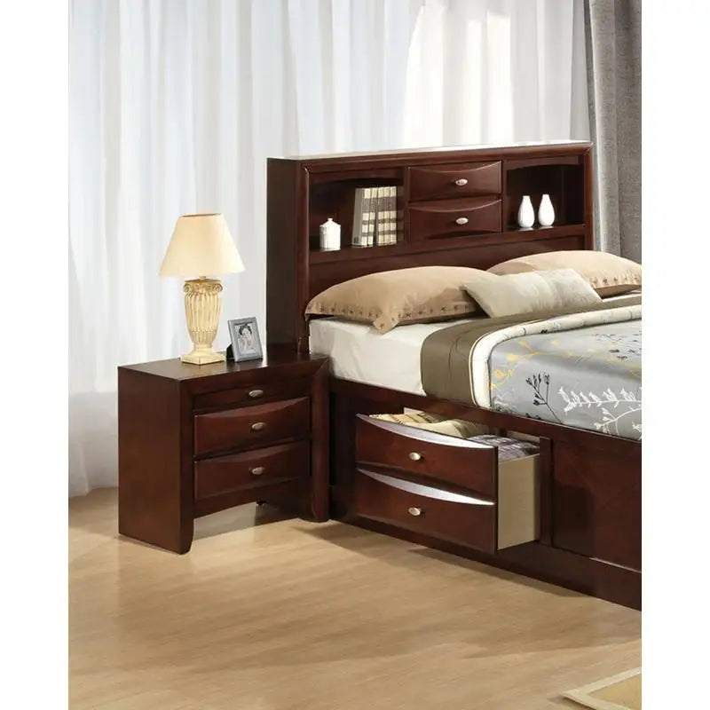 Contemporary Queen Bed Set with 2 Nightstands, Headboard, and Bookcase - Cherry Finish