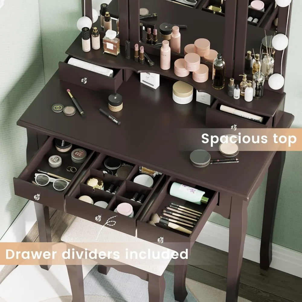 Makeup Vanity Set with Lighted Mirror and Stool, Dressing Table with 5 Drawers, and 3 Light Settings