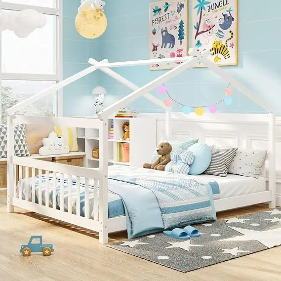 Full Size Floor Bed, with Roof, Headboard and Footboard, Low Full Bed Frame for Kids Teens Girl