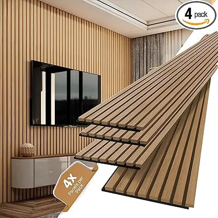 4-Piece Oak Wood Acoustic Wall and Ceiling Panels, 3D Fluted Design for Sound Absorption, 94.5 x 7.9 Inches