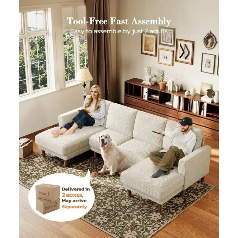 Beige U-Shaped Sectional Sofa with Chaises, Corduroy Fabric, Living Room Furniture, Easy Assembly, 4-Seat Loveseat