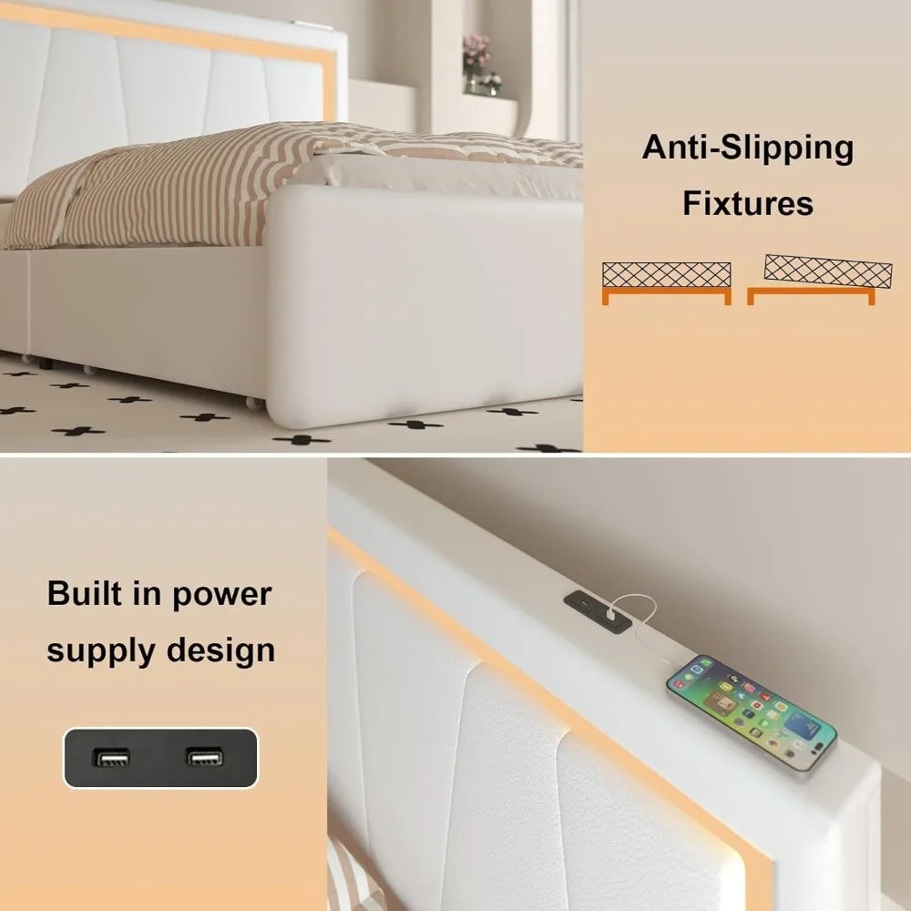 Full Bed Frame with 4 Storage Drawers and Adjustable Headboard, Upholstered Platform Bed with LED Lights and USB Ports
