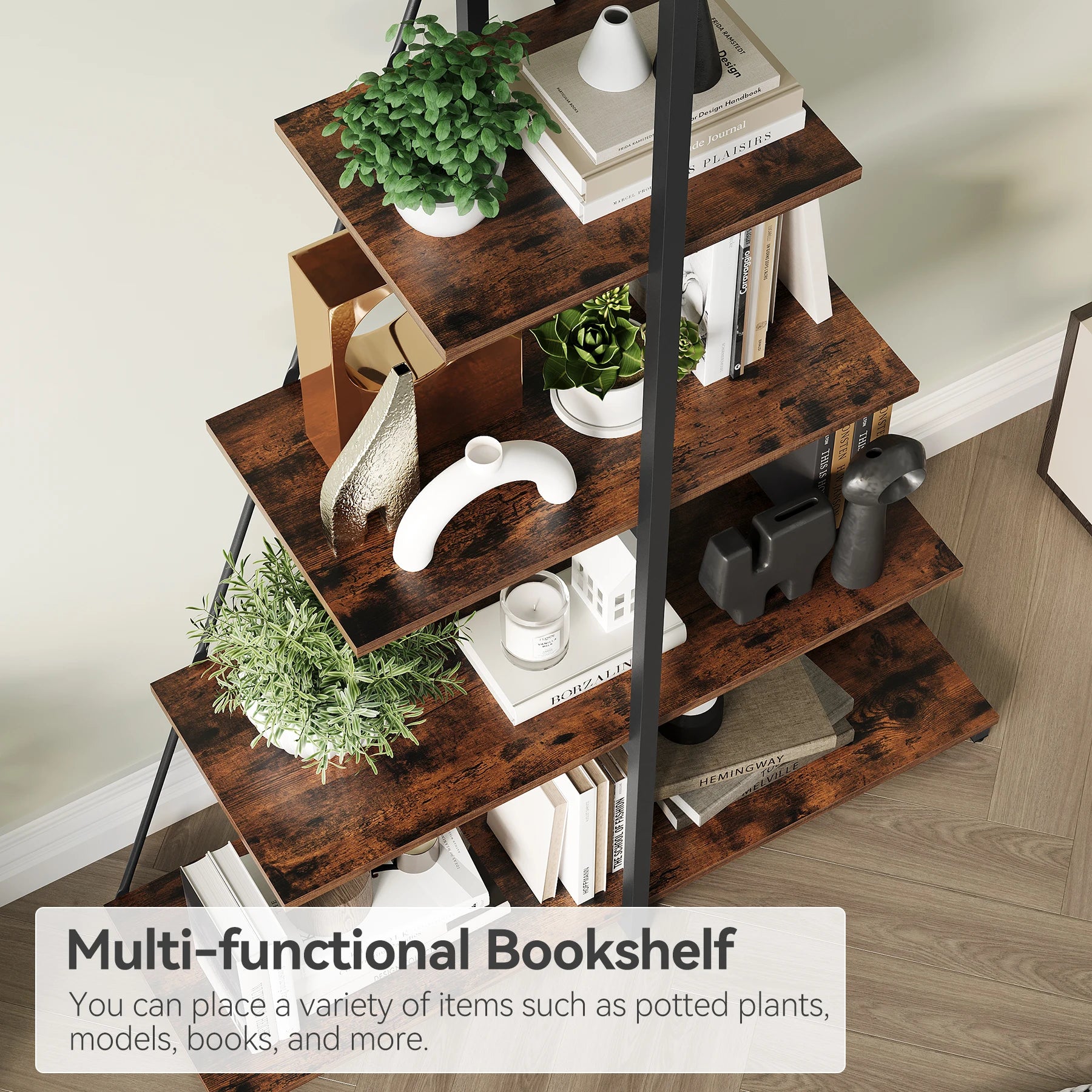 4-Tier A-Frame Ladder Shelf Bookcase - Steel Frame Bookshelf | Rustic Book Storage Shelf for Living Room, Bedroom or Kitchen, Living Room Display Rack Stand