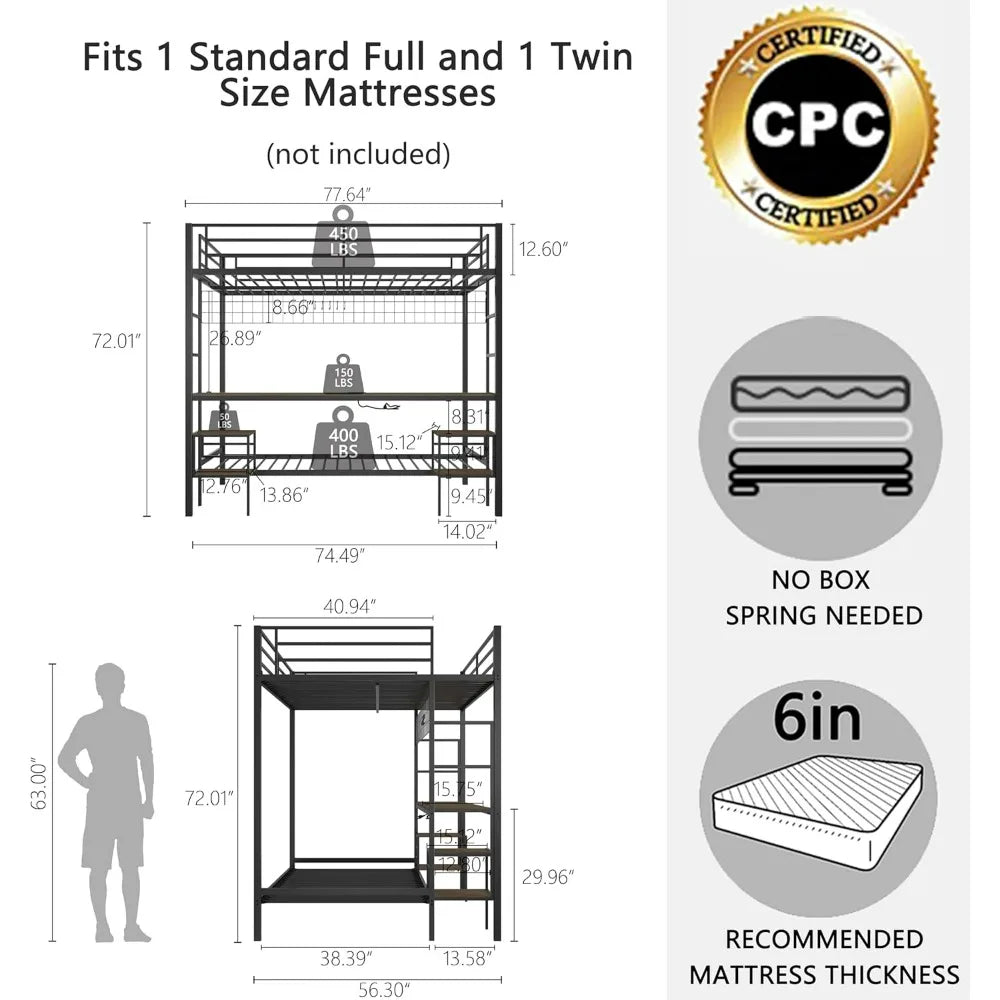 Twin-Over-Full Bunk Bed with Desk, Loft Bed with Desk and Storage, Metal Twin Bunk Beds with Charging Station