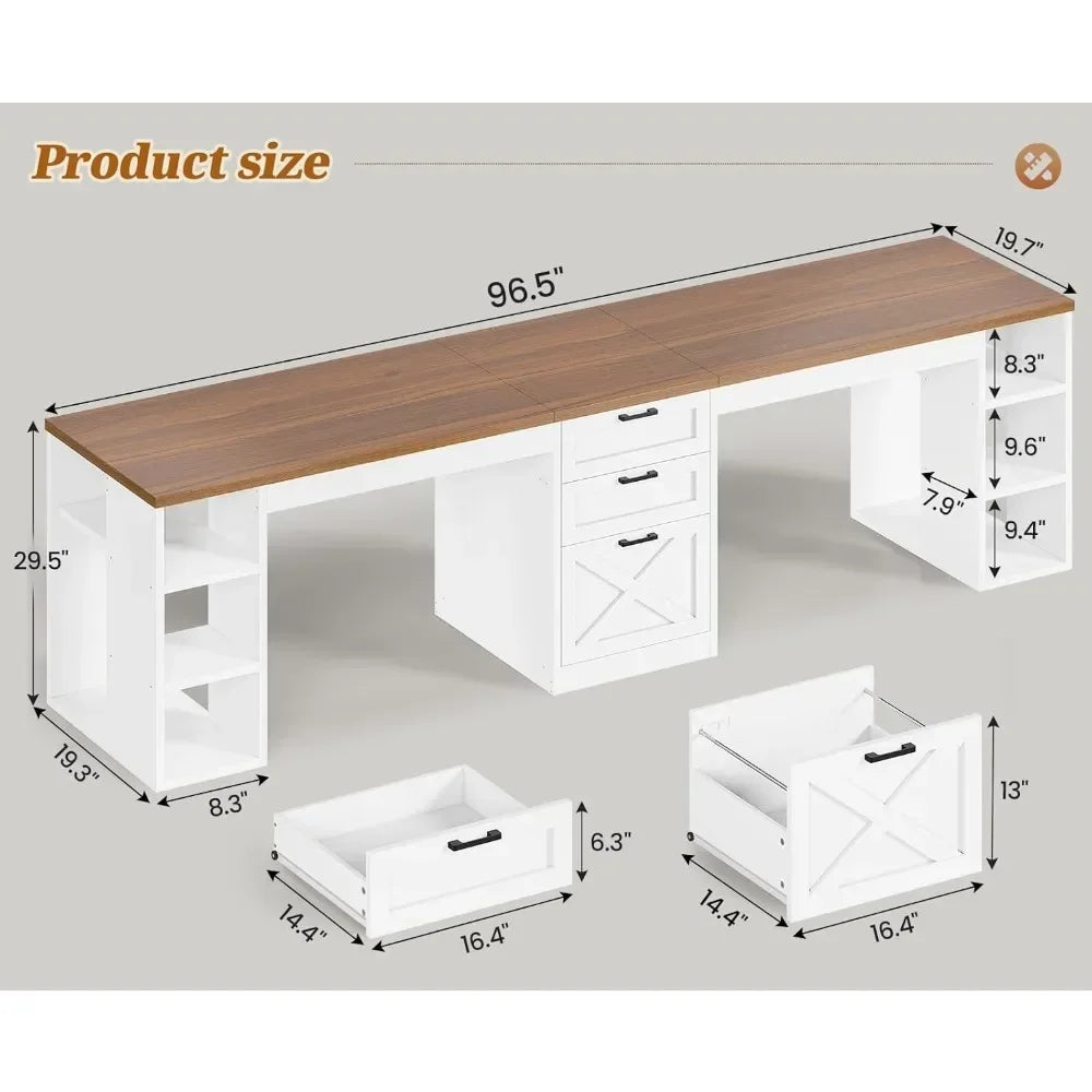 Farmhouse 96.5 Computer Desk with Drawers, 2 Person Home Office Desk, Gaming Double Desk with Storage Shelves