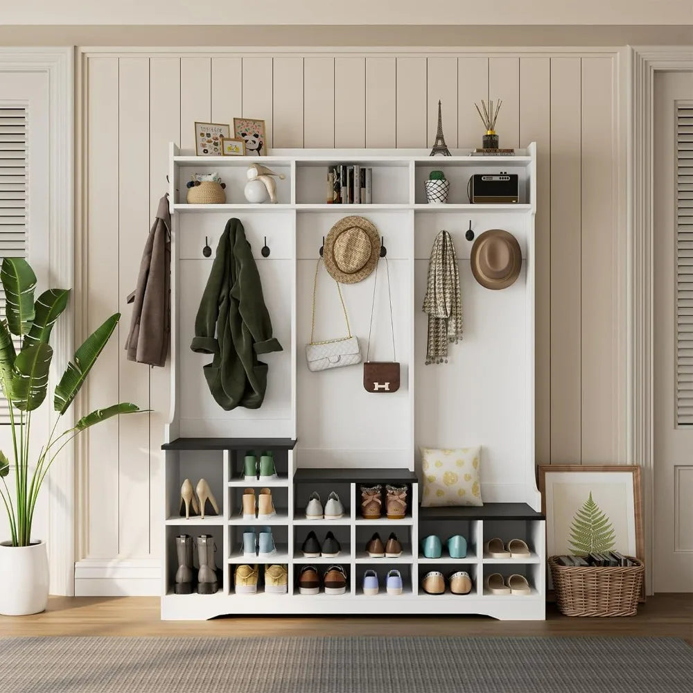 Farmhouse Style 77 Entryway Bench with Shoe Storage and Coat Rack, Featuring 16 Shoe Cubbies and 10 Hooks, Dimensions 15.8 Depth