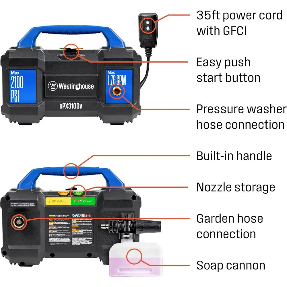 ePX3100v High-Pressure Electric Washer, 2100 PSI, 1.76 GPM, Portable with Foam Cannon and Pro-St
