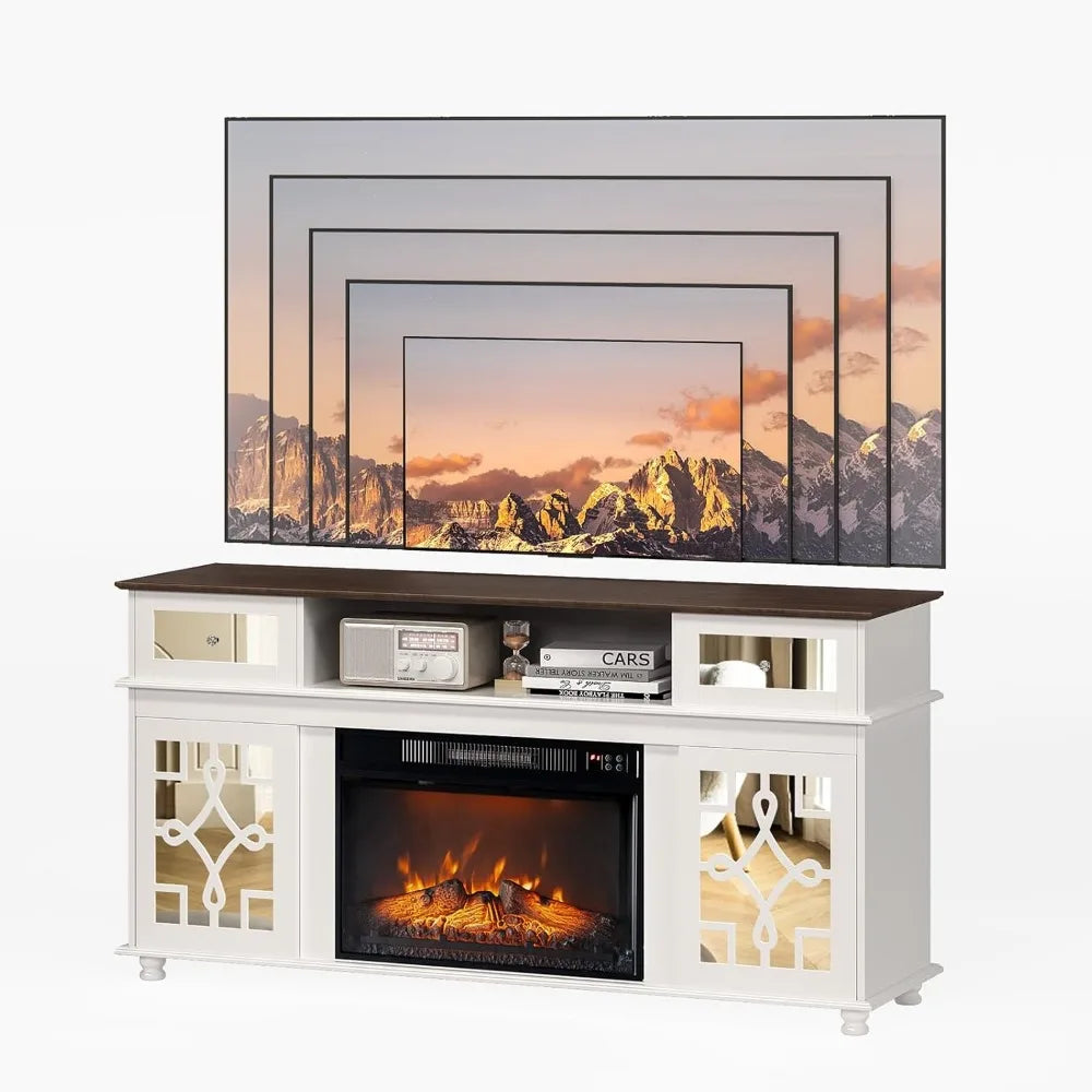 Fireplace TV Stand with Sliding Mirrored Door for TVs up to 70", Entertainment Center with Storage Cabinet and Shelves, Media Center