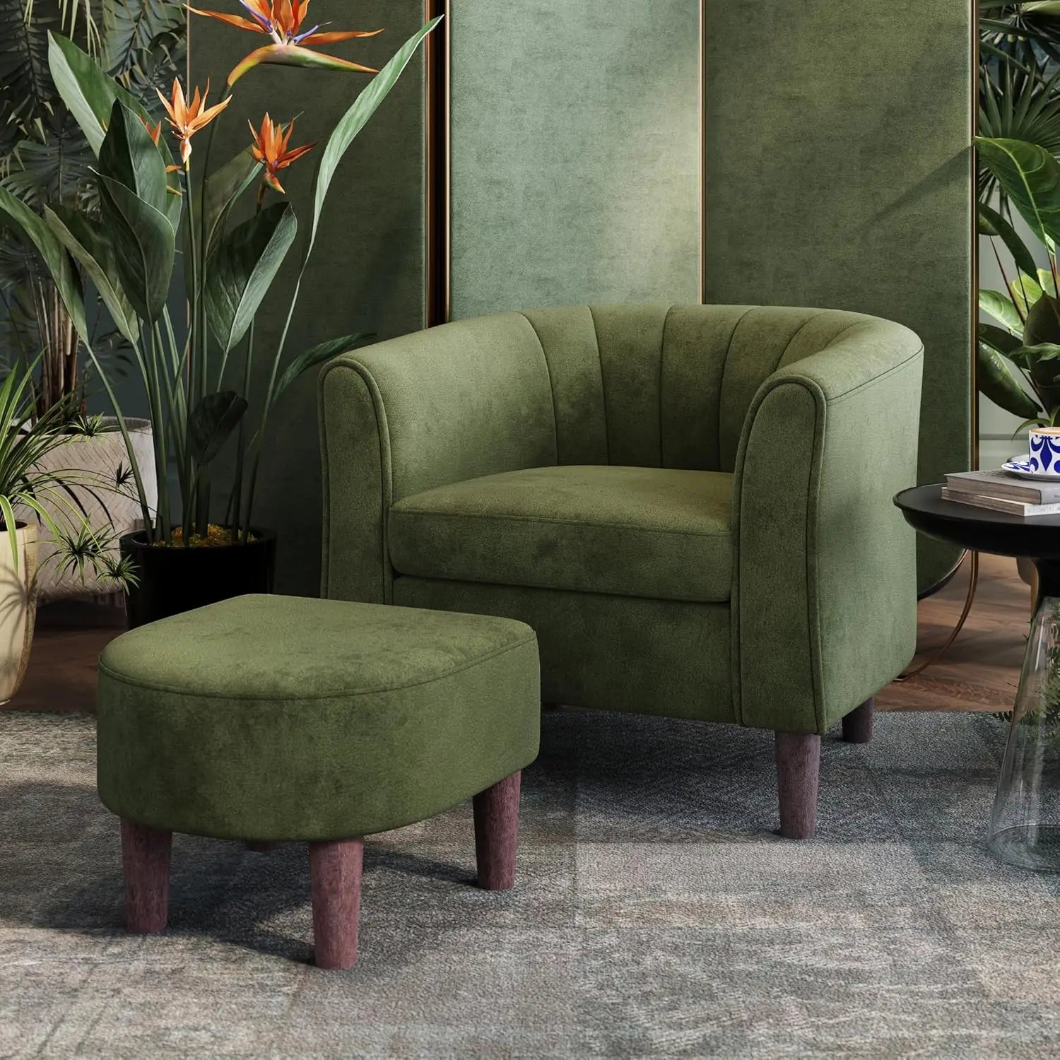 Accent Chair Ottoman Set: Chenille Barrel Chair with Foot Rest, Mid-Century Modern Small Reading Chair/ Upholstered Armchair