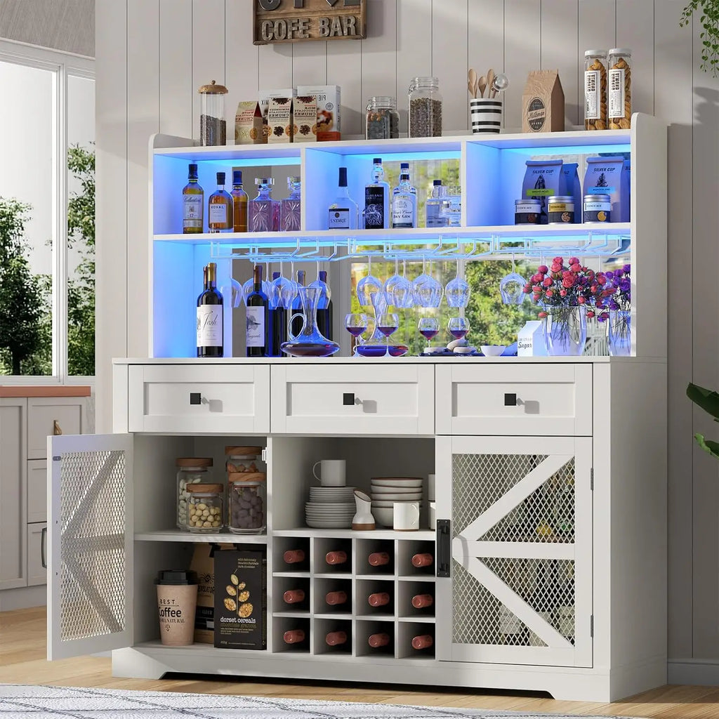 Farmhouse Wine Bar Cabinet with LED Lights, Kitchen Coffee Bar Cabinet with Acrylic Mirror, Wine & Glass Rack, Storage Shelves
