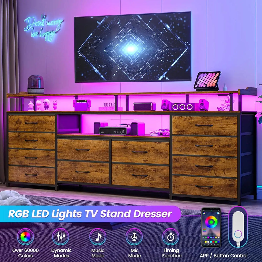 Entertainment Center with LED Lights & Power Outlets, 12 Drawers/ TV Stand Dresser for 65/70" TV, 63" Large LED TV Stand