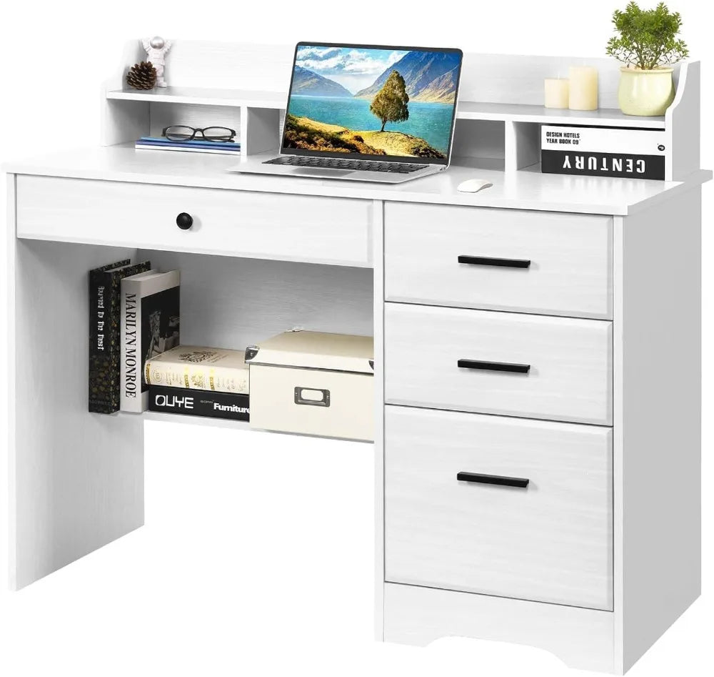 White Computer Desk with 4 Drawers, Hutch & Shelf - Ergonomic Home Office Workstation for Students