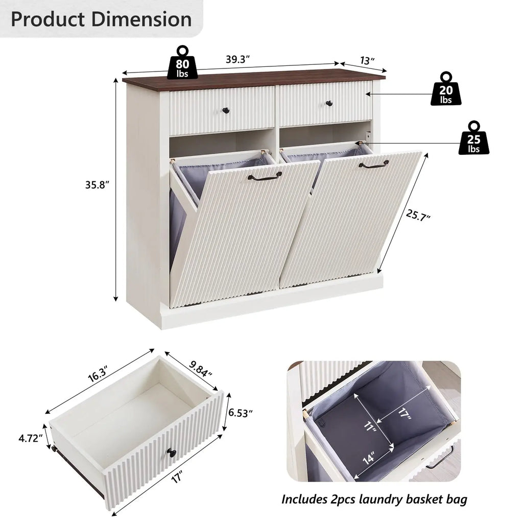 20 Gallon Fluted Laundry Hamper Cabinet w/2 Drawers, Wooden Hidden Garbage Can Cabinets with Storage Basket,White