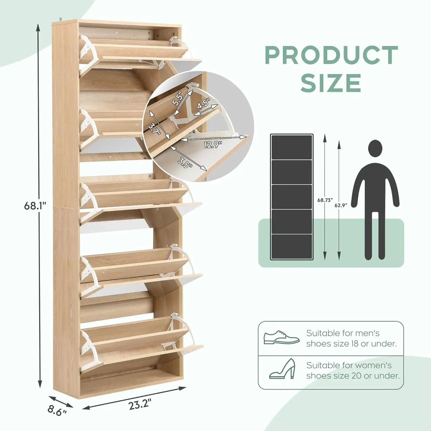 Mirror Shoe Cabinet with 5 Flip Drawers, Shoe Rack Storage Organizer, Entryway Shoe Cabinet for Front Door, Foyer, Hallway