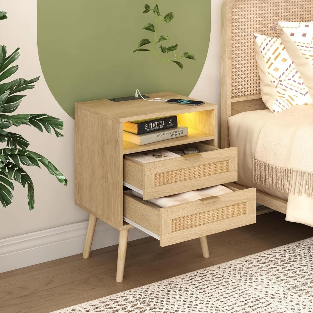 Rattan Nightstands/ Set of 2 with Charging Station and LED Lights, End Tables with 2 Drawers and Wood Legs