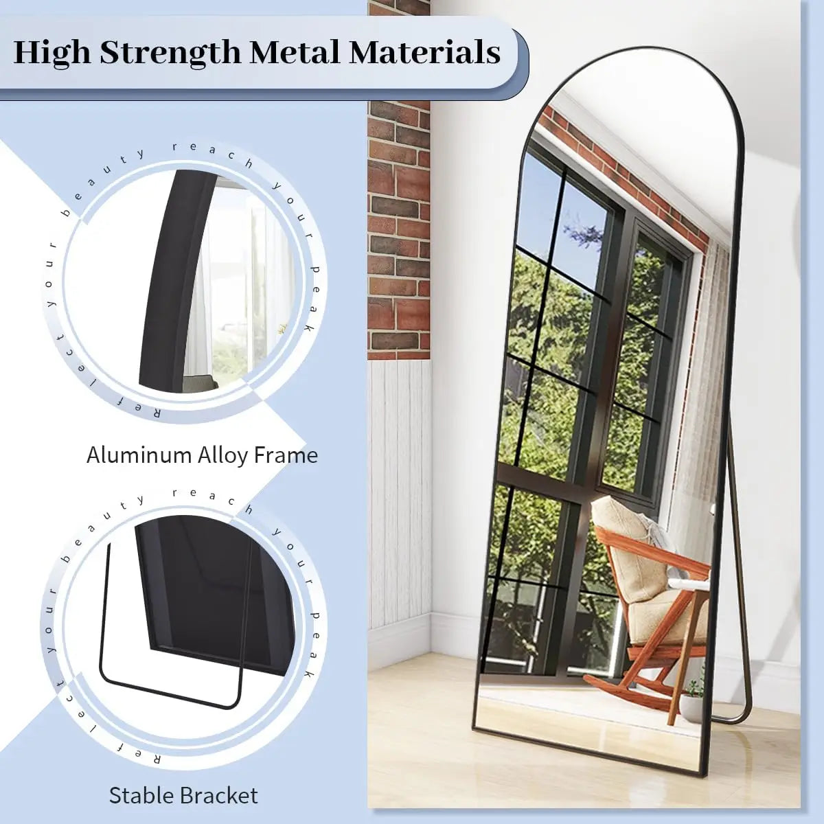 64"x21" Arch Floor Mirror, Full Length Mirror, Wall Mirror Hanging or Leaning, Arched-Top Full Body Mirror with Stand