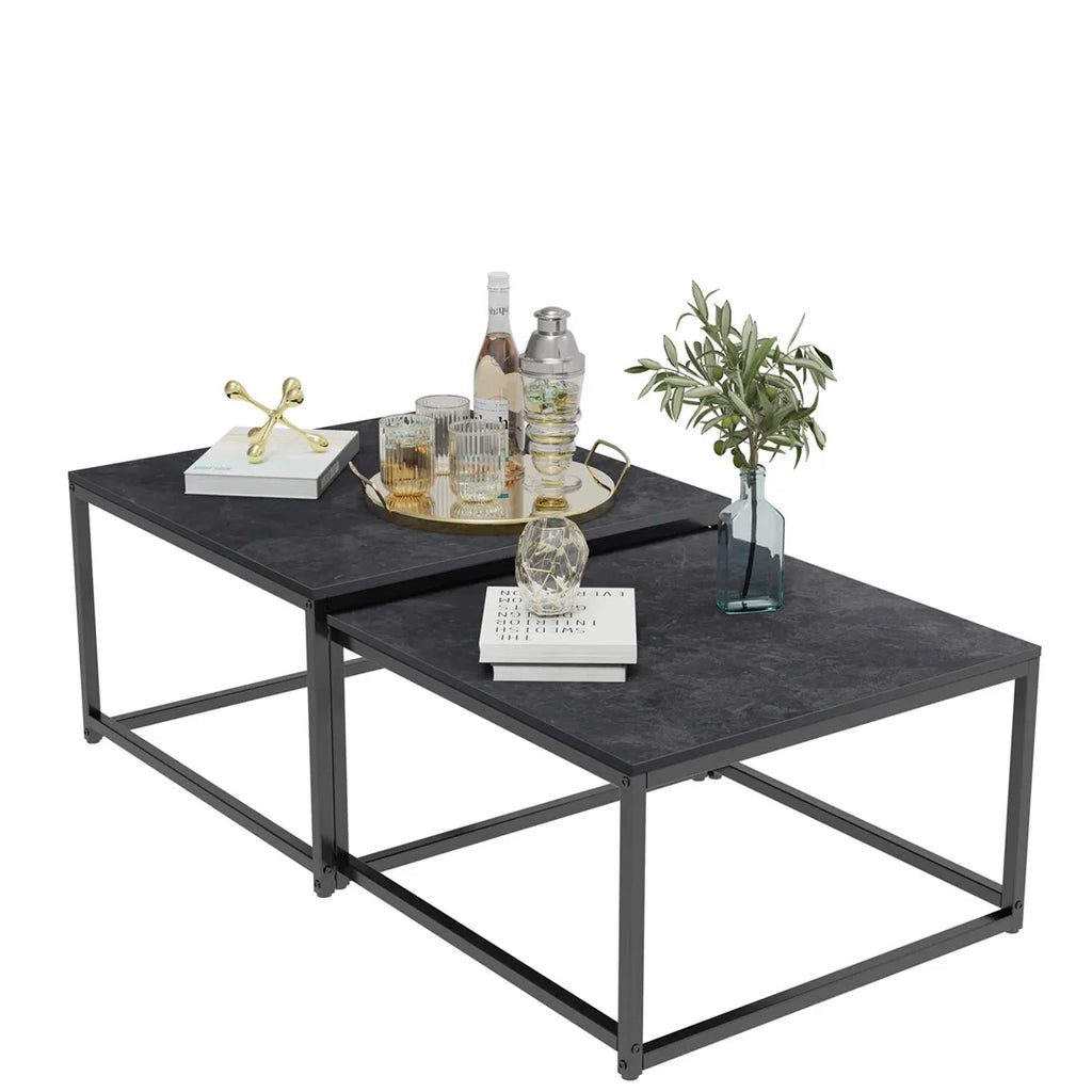 Rectangle White Nesting Coffee Table Set/ Living Room Black Stack-able Accent Tables with Marble Tabletop